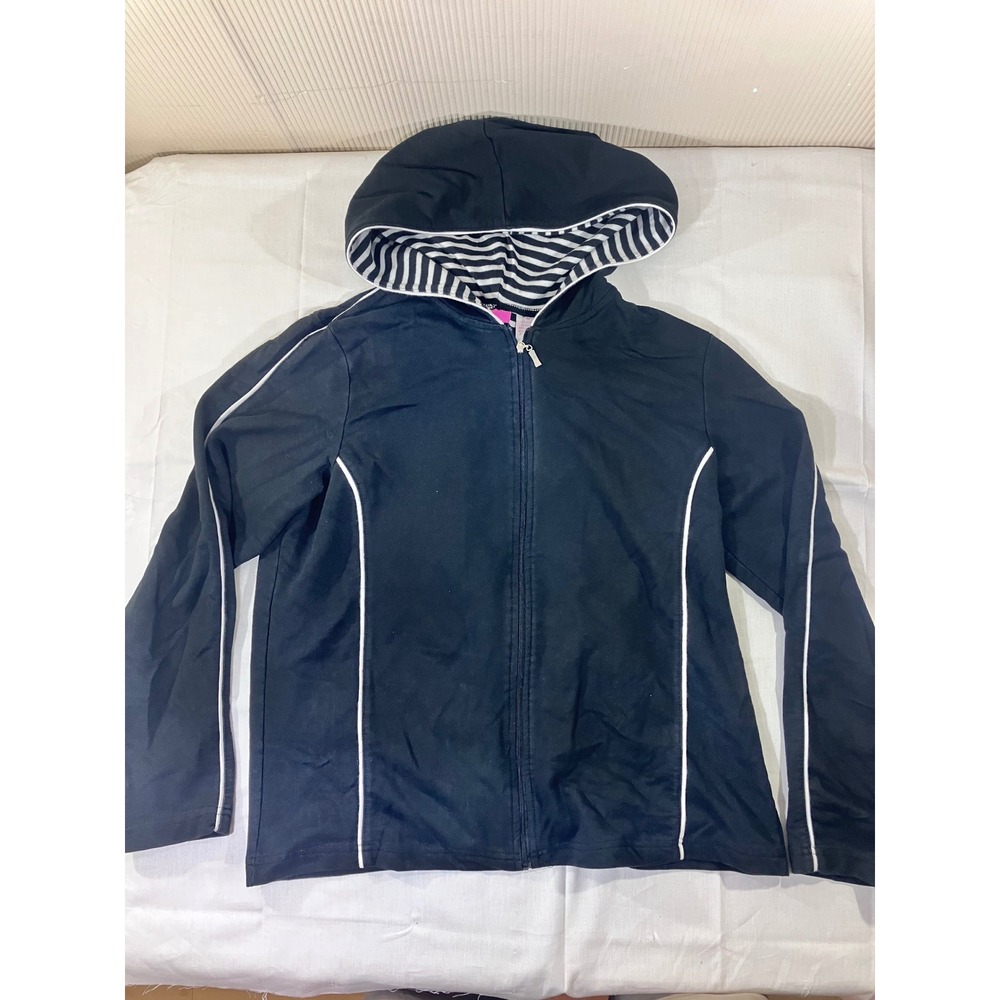 Cappagallo Black Track‎ Jacket Stripe Hood Zip Up Athleisure Women's Medium